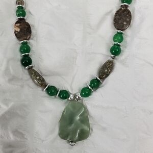 Green Stone Pendant Beaded Necklace - Hand Crafted